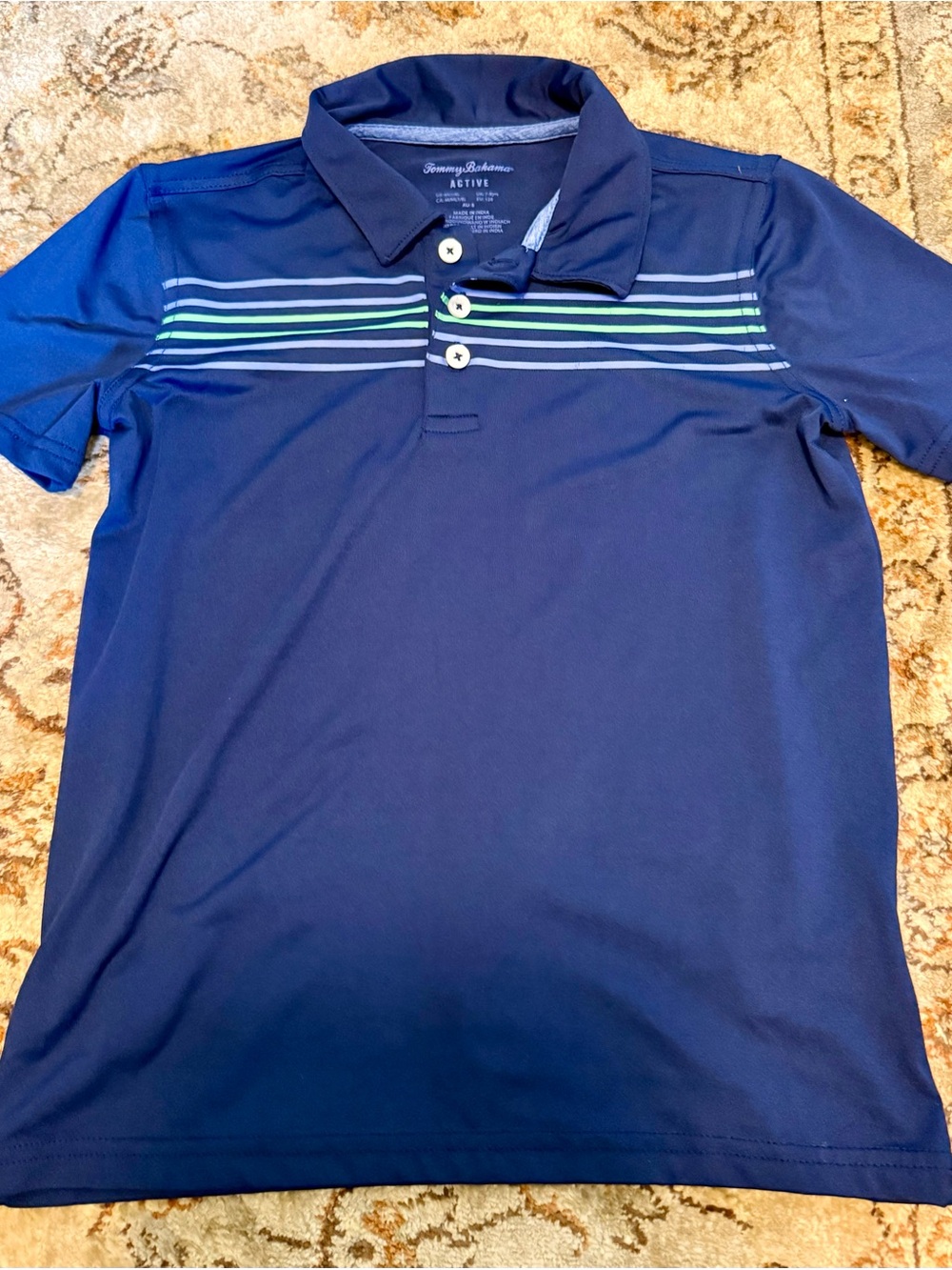 Tommy Bahama Navy Polo with Blue and Green Chest Stripes